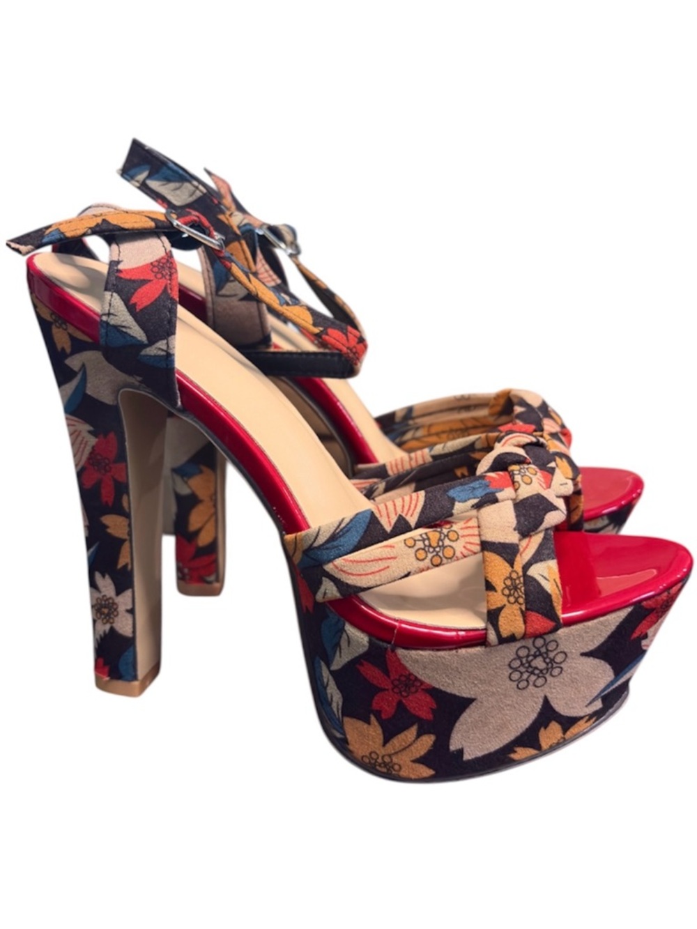 Boutique Floral Platform Ankle-Strap Heels - Red Multi Size 10/40 - Picture 4 of 9